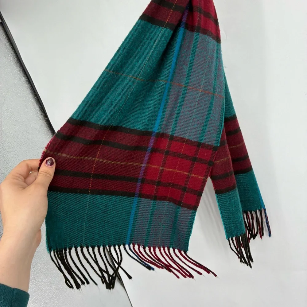 Vintage 90s Christian Dior Monsier Plaid Red Blue Fringe Long Scarf